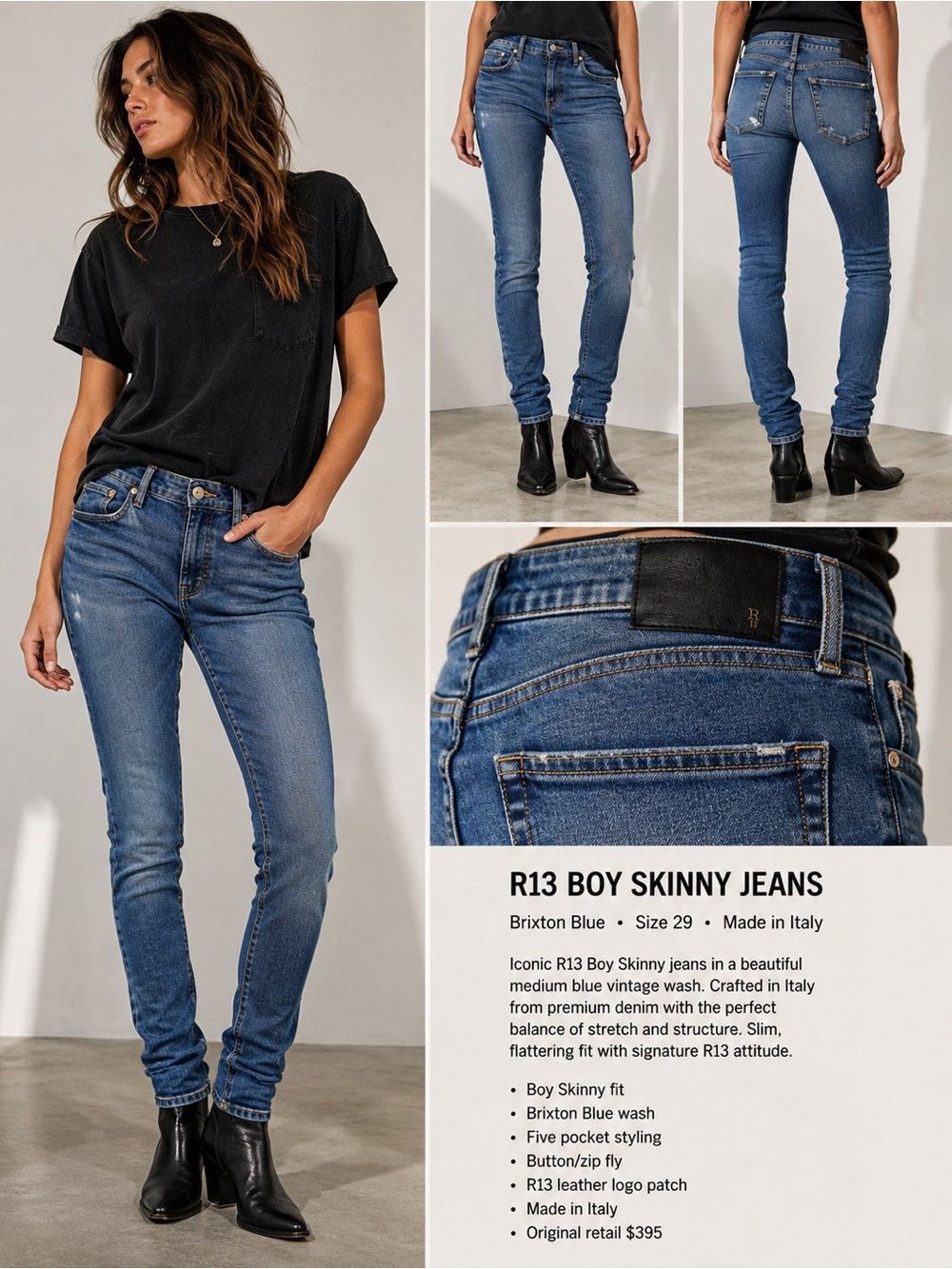 R13 Boy Skinny Jeans 29 Brixton Blue Made in Italy Designer Denim $395